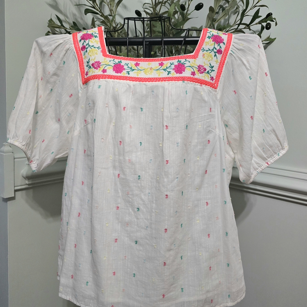Talbots White Blouse with Colorful Embroidery